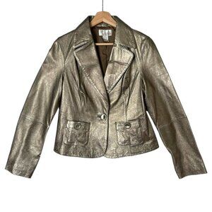 Y2k Spiegel Metallic Bronze Gold Soft pebbled Leather Crop Blazer Jacket Size 10